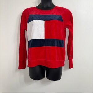 Tommy Hilfiger Women's Red and Navy Velour Sweatshirt in Size Large